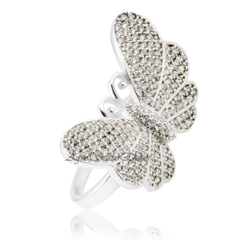 Csillogó cirkónia köves pillangót formáló ezüst gyűrű 